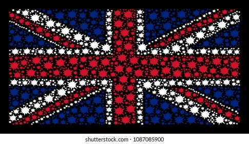British Flag mosaic composed of bang elements on a dark background. Vector bang items are organized into conceptual Great Britain flag composition.