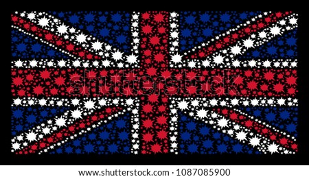 British Flag mosaic composed of bang elements on a dark background. Vector bang items are organized into conceptual Great Britain flag composition.