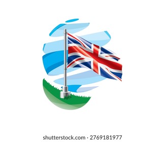 British flag on a green lawn against a background of blue abstract sky