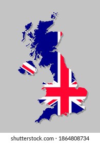 British flag on the map. High detailed United Kingdom map with flag inside. European country borders vector illustration on light gray background