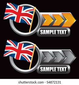 Bandera británica con placas con nombres de flecha naranja y gris