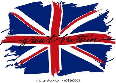 British flag painted handwriting text. Flag of Great Britain with handwritten text, vector. There are true colors of flag