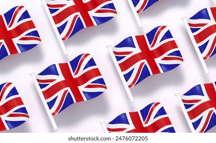 Patrón de la bandera británica de fondo blanco color suave. Caricatura realista estilo 3d. Tela de bandera efecto textura plana vista superior. Ilustración vectorial