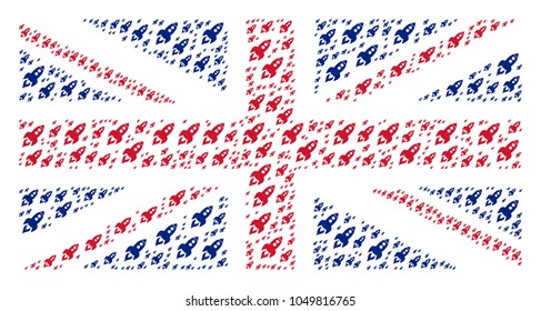 British Flag pattern done of space rocket launch elements. Vector space rocket launch items are composed into conceptual United Kingdom flag pattern.