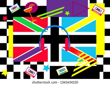 British flag pop art colorful background, with headphones and cassette tapes.