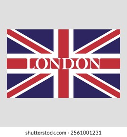 The British flag. A rectangular flag icon with a text in the middle of the flag. London, United Kingdom.