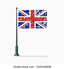 British flag with scratches, vector flag of Britain on flagpole with shadow.