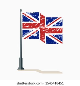 British flag with scratches, vector flag of Britain, Britain flag waving on flagpole with shadow.