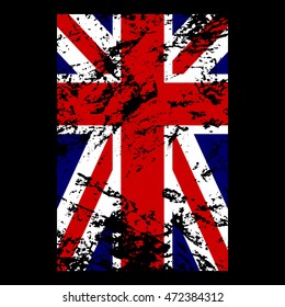 British flag t shirt typography graphics. Blue, red, white national design, isolated on black background. Symbol of England, United Kingdom. Template apparel, card, poster Vector illustration