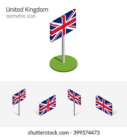 British flag (United Kingdom), Union Jack, vector set of isometric flat icons, 3D style, different views. Editable design elements for banner, website, presentation, infographic, poster, map. Eps 10