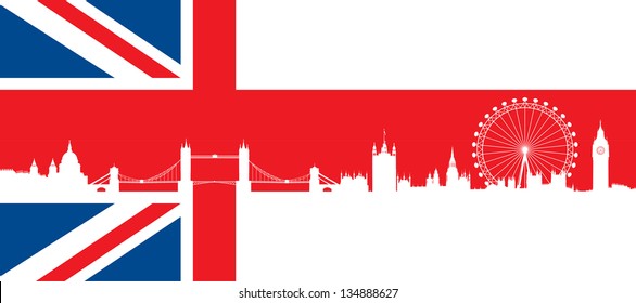 British flag  with very detailed  silhouette London skyline composition. London Monuments.