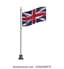 British flag waving on a flagpole, isolated on white background, vector illustration. The national flag of the United Kingdom.