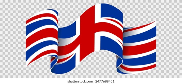 British flag waving in the wind on a transparent background. Banner with waving United Kingdom flag. RGB colors red, blue,white. Vector illustration.