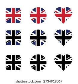 Banderas británicas. Banderas británicas. Imágenes de la bandera británica en varios estilos y formas. Icono de la bandera británica.