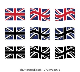 Banderas británicas. Banderas británicas. Imágenes de la bandera británica en varios estilos y formas. Icono de la bandera británica.