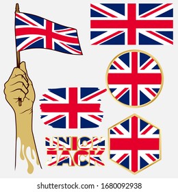 
British flags vector collection. Symbol of nationality with hand holding waving flag. Independence day of country. Emblem, brush shape and typography of British. Vector graphic. Eps 10