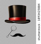 British gentleman vintage head elements set. Black tophat, glasses, moustache on transparent background. Realistic retro male fashion style vector illustration. Classis accessories.