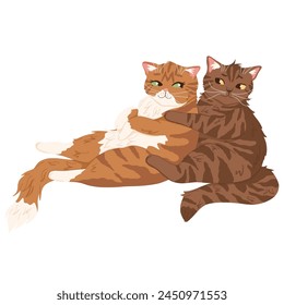 British ginger and brown cats. Cartoon hugging cats. Vector character design. Graphic print for nursery, stickers, clothes. Hand drawn style.