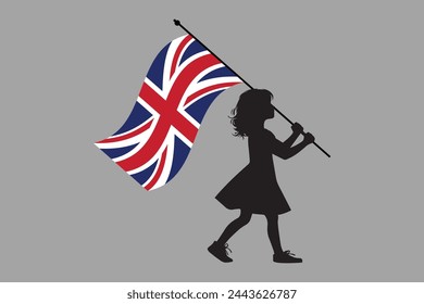 British girl with United Kingdom flag, British girl, United Kingdom flag, UK, United Kingdom, silhouette vector
