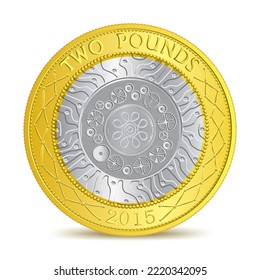 Britisches Golden Silber Zwei-Pfund-Münze einzeln auf weißem Hintergrund, Vektorgrafik