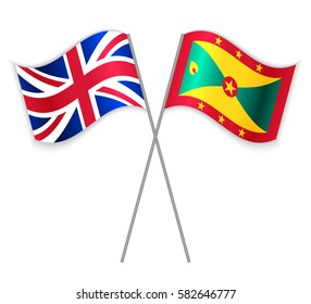 British and Grenadian crossed flags. United Kingdom combined with Grenada isolated on white. Language learning, international business or travel concept.