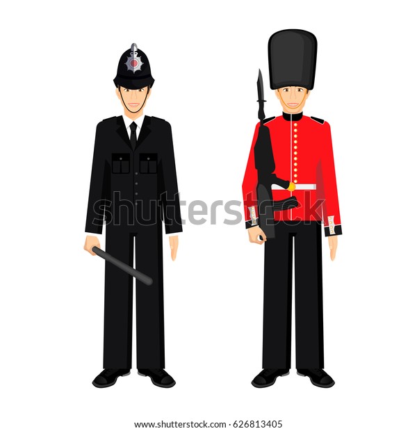 白い背景にイギリスの衛兵とベアスキン帽と英国の警官のベクターイラスト 伝統的な制服を着たクイーンズガード 銃を持つ兵士 のベクター画像素材 ロイヤリティフリー