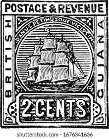 British Guiana Stamp (2 cents) from 1889. British Guiana (Guyana) was the name of the British colony on the northern coast of South America, vintage line drawing or engraving illustration.