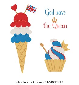 British Holiday Ice cream. Ice cream to Queen jubilee. Hand drawn color vector illustration. svg
