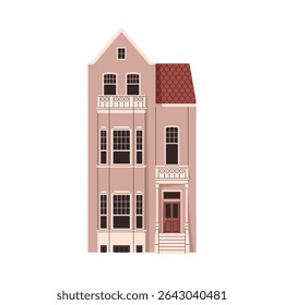 Arquitetura da casa britânica. Antiga fachada de construção urbana inglesa, exterior. Moradia histórica com telhado de azulejos, varandas em estilo europeu. Ilustração de vetor plano isolada no plano de fundo branco