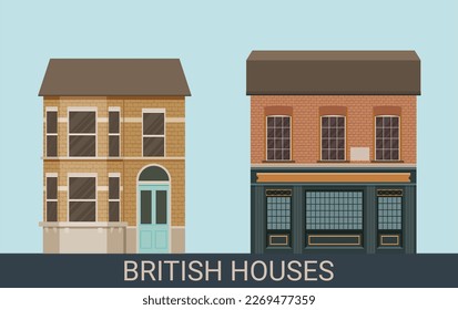 British houses vector illustration front view with roof. Brick wall with doors and windows. 