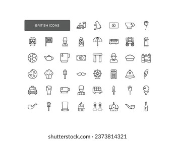 British icon set. Included the icons as tea time, British pound, London taxi, queen, flag, bus, Big ben tower and more