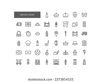 British icon set. Included the icons as tea time, British pound, London taxi, queen, flag, bus, Big ben tower and more