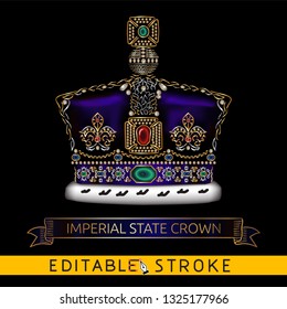 British Imperial State Crown. Gold Icon On Black Background. Golden Ribbon Or Banner Include. Easy Changing Vector With Editable Strokes.