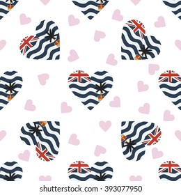 British Indian Ocean Territory flag independence day seamless pattern. Patriotic country flag background. British Indian Ocean Territory flag in the shape of heart. Vector seamless pattern.