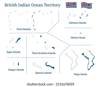 British Indian Ocean Territory map. Chagos map. British overseas territory. Detailed blue outline and silhouette. Country flag. Set of vector maps. All isolated on white background.