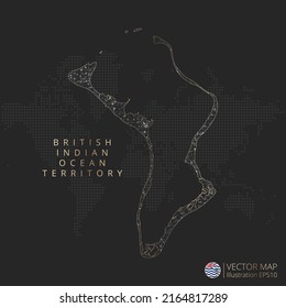 Mapa del Territorio Británico del Océano Índico de malla geométrica abstracta concepto de luz poligonal con líneas de contorno de color blanco y negro países y puntos sobre fondo oscuro. Ilustración vectorial.