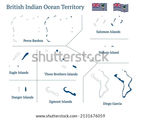 British Indian Ocean Territory map. Chagos map. British overseas territory. Detailed blue outline and silhouette. Country flag. Set of vector maps. All isolated on white background.