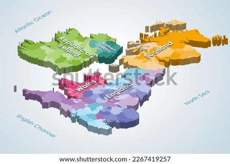 British Isles 3d (isometric) map colored by countries and subdivisions