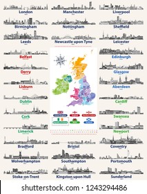 British Isles countries cities skylines  icons vector set in black and white color palette. Flags and high detailed vector map of British countries.