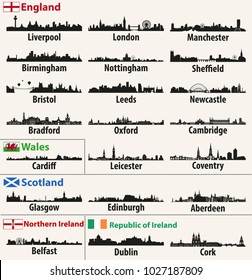 British Isles countries (England, Scotland, Wales, Northern Ireland and Republic of Ireland) vector cities skylines