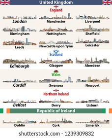 British Isles countries: United Kingdom (England, Wales, Scotland, Northern Ireland) and Republic of Ireland largest cities skylines vector set