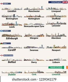 British Isles countries (United Kingdom (England, Wales, Scotland, Northern Ireland) and Republic of Ireland) largest cities skylines. Vector illustration