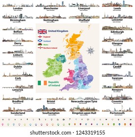 British Isles countries (United Kingdom and Republic of Ireland) cities skylines vector set. Map and flags of British Isles countries