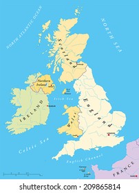 British Isles Map with capitals, national borders, rivers and lakes. Illustration with English labeling and scaling.