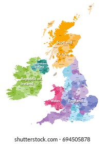 British Isles map colored by countries and regions vector illustration svg