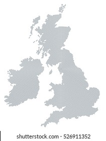 British Isles map radial dot pattern. Gray dots going from the center forming the silhouettes of Ireland and United Kingdom with the island Great Britain. Illustration on white background. Vector.