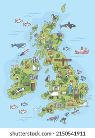 The British Isles and United Kingdom country topography borders outline map. Detailed nature, culture, architecture and typical environment elements for England, Scotland and Wales vector illustration