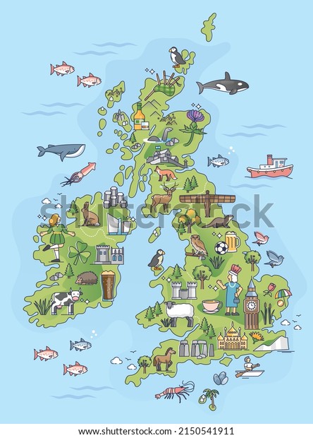 The British Isles and United Kingdom country\
topography borders outline map. Detailed nature, culture,\
architecture and typical environment elements for England, Scotland\
and Wales vector\
illustration