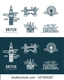  British Landmarks. flat design element. icons set in white and dark background. vector