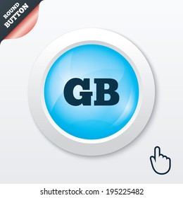 British language sign icon. GB Great Britain translation symbol. Blue shiny button. Modern UI website button with hand cursor pointer. Vector